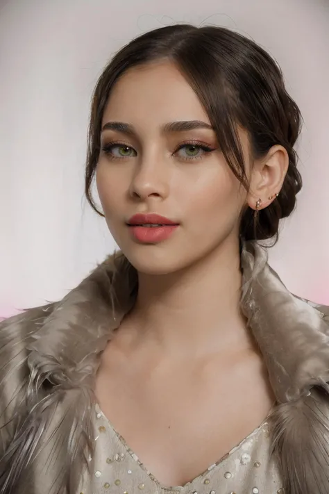 priscilla quintana with smooth skin, wearing fur coat, long hair, light green eyes,
stud earrings, ((smooth skin)), eyeliner, pink lips, pink lipstick, eyelashes, bright lips,
upper body, white backdrop, HD, bright lighting,
<lora:PriscillaQuintana_(V1.2):0.7>