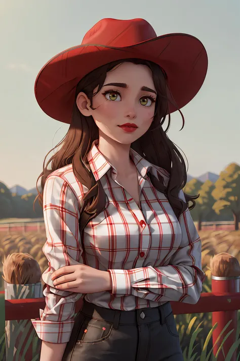 priscilla quintana, perfect smooth skin, (smooth skin), eyeliner, red lips, lipstick, light green eyes,
plaid shirt, long sleeves, red plaid shirt, long sleeve red plaid shirt, brown cowboy hat,
(upper body), upper body, dusty farm background,
<lora:PriscillaQuintana_(V1.2):0.7>