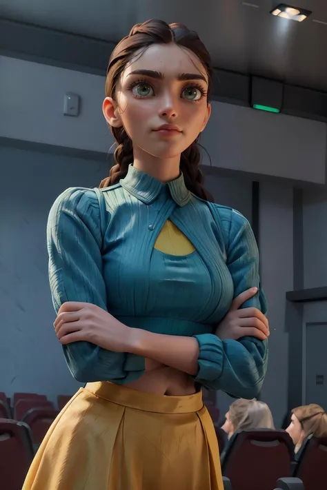 priscilla quintana, light green eyes, perfect skin, smooth skin, long hair, quad braids, brown hair,
long sleeve crop top, dark blue crop top,
upper body, medium close-up, theater stage, bright lighting, arms crossed,
<lora:PriscillaQuintana_(V1.2):0.7>
