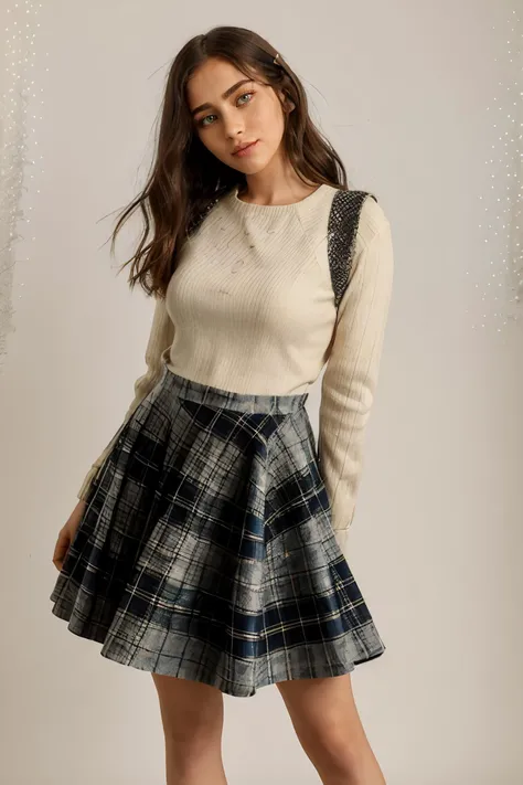 priscilla quintana, light green eyes, perfect skin, smooth skin, low tied long hair, brown hair, 
cream sweater dress, wool dress top, plaid dress skirt, 
full body, white backdrop with sparkles background, sparkling background, bright lighting, thinking,
<lora:PriscillaQuintana_(V1.2):0.7>
