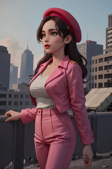 priscilla quintana, perfect smooth skin, (smooth skin), eyeliner, red lips, lipstick, light green eyes, 
pants suit, pink pants suit, beret, pink beret, 
(upper body), upper body, city background, city destroyed, city on fire, HD, 4k, 
 <lora:PriscillaQuintana_(V1.2):0.8>