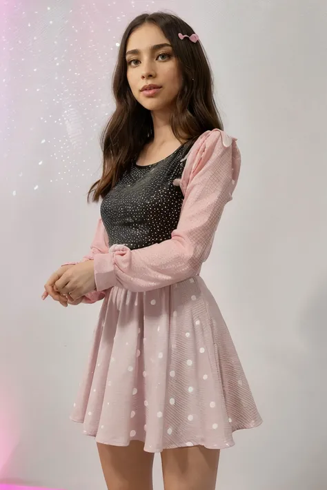 priscilla quintana, light green eyes, perfect skin, smooth skin, low tied long hair, brown hair,
black pink long sleeve dress, black dress top, pink polka dot dress skirt,
upper body, white backdrop with sparkles background, sparkling background, bright lighting, thinking,
<lora:PriscillaQuintana_(V1.2):0.7>