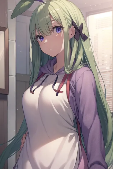 mandragora, <lyco:mandragora-lyco-nochekaiser:1>,
mandragora, long hair, bangs, ahoge, green hair, (purple eyes:1.1), bow, hair bow,
BREAK shorts, hood, apron, hoodie,
BREAK indoors,
BREAK looking at viewer, (cowboy shot:1.5),
BREAK <lyco:GoodHands-beta2:1>, (masterpiece:1.2), best quality, high resolution, unity 8k wallpaper, (illustration:0.8), (beautiful detailed eyes:1.6), extremely detailed face, perfect lighting, extremely detailed CG, (perfect hands, perfect anatomy),