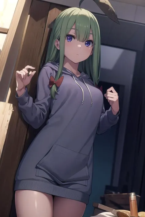 mandragora, <lyco:mandragora-lyco-nochekaiser:1>,
mandragora, long hair, bangs, ahoge, green hair, (purple eyes:1.1), bow, hair bow,
BREAK shorts, hood, apron, hoodie,
BREAK indoors,
BREAK looking at viewer, (cowboy shot:1.5),
BREAK <lyco:GoodHands-beta2:1>, (masterpiece:1.2), best quality, high resolution, unity 8k wallpaper, (illustration:0.8), (beautiful detailed eyes:1.6), extremely detailed face, perfect lighting, extremely detailed CG, (perfect hands, perfect anatomy),