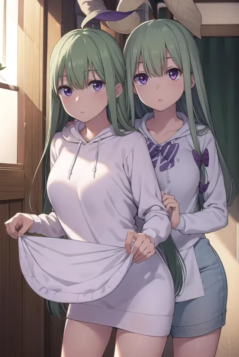 mandragora, <lyco:mandragora-lyco-nochekaiser:1>,
mandragora, long hair, bangs, ahoge, green hair, (purple eyes:1.1), bow, hair bow,
BREAK shorts, hood, apron, hoodie,
BREAK indoors,
BREAK looking at viewer, (cowboy shot:1.5),
BREAK <lyco:GoodHands-beta2:1>, (masterpiece:1.2), best quality, high resolution, unity 8k wallpaper, (illustration:0.8), (beautiful detailed eyes:1.6), extremely detailed face, perfect lighting, extremely detailed CG, (perfect hands, perfect anatomy),