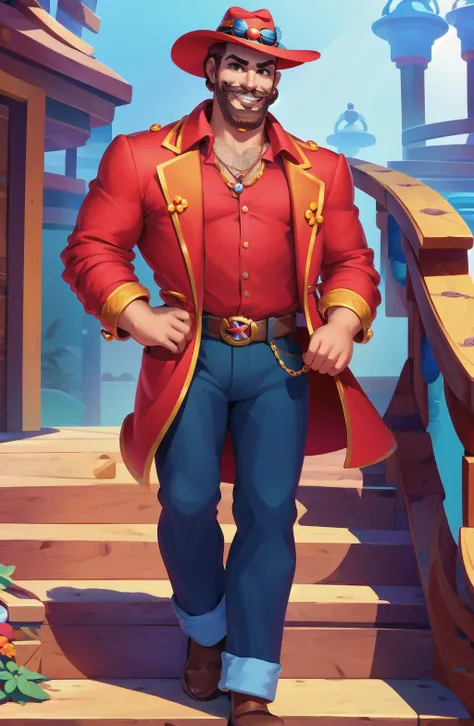 Concept art, character illustration, European and American cartoons, male focus, hat, jewelry, ring, facial hair, pants, red shirt, 1boy, shirt, stairs, brown hair, belt, beard, sunglasses, mustache, looking at viewer, necklace, standing, collared shirt, manly, solo, jacket, teeth, smile, solo focus<lora:haiwaixiuxian:1>,