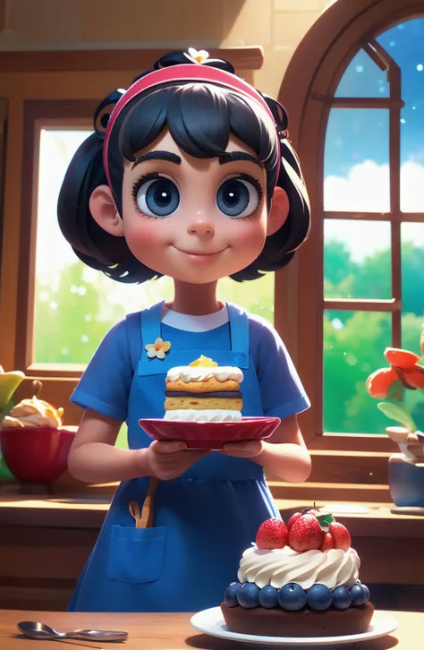 Concept art, character illustration, European and American cartoons, 1girl, food, solo, smile, black hair, cake, indoors, twintails, flower, black eyes, fruit, child, dress, short sleeves, window, apron, hairband, bangs, short hair, blue dress, hair ornament, plate, holding, blurry,<lora:haiwaixiuxian:1>,