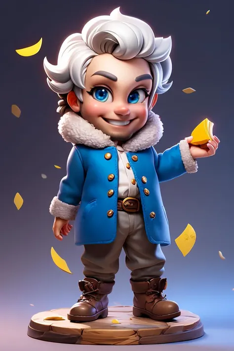 Concept art,character illustration,European and American cartoons,male focus,1boy,solo,paper,boots,pants,brown pants,belt,food,holding,long hair,book,fruit,facial hair,scroll,open mouth,smile,white hair,coat,blue eyes,beard,open clothes,looking at viewer,teeth,blue coat,shirt,long sleeves,open book,standing,apple,black footwear,grey hair,full body,old,<lora:haiwaixiuxian:0.8>,