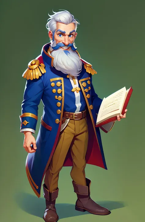 Concept art, character illustration, European and American cartoons, male focus, 1boy, solo, paper, boots, pants, brown pants, belt, food, holding, long hair, book, fruit, facial hair, scroll, open mouth, smile, white hair, coat, blue eyes, beard, open clothes, looking at viewer, teeth, blue coat, shirt, long sleeves, open book, standing, apple, black footwear, grey hair, green background, full body, old<lora:haiwaixiuxian:0.8>,