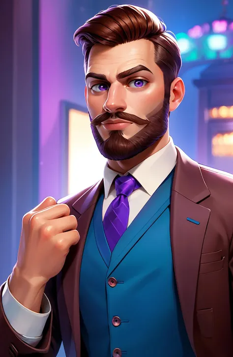 Concept art, character illustration, European and American cartoons, 1boy, male focus, necktie, solo, facial hair, formal, purple necktie, brown hair, looking at viewer, suit, upper body, shirt, blurry background, realistic, jacket, blurry, short hair, vest, hand up, white shirt, beard, collared shirt<lora:haiwaixiuxian:0.8>,