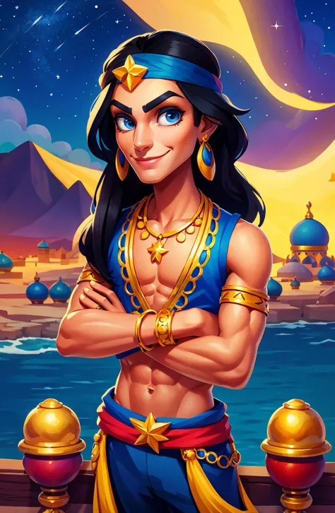 Concept art,character illustration,European and American cartoons,1girl,jewelry,black hair,long hair,earrings,blue eyes,arabian clothes,armlet,headband,bracelet,1boy,smile,sky,crossed arms,facial hair,colored skin,night,midriff,multiple boys,muscular,vest,harem pants,necklace,night sky,armband,star (sky),<lora:haiwaixiuxian:0.8>,