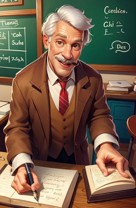 Concept art, character illustration, European and American cartoons, chalkboard, solo, chalk, necktie, old, vest, book, shirt, desk, open mouth, 1boy, holding, indoors, white shirt, collared shirt, long sleeves, smile, jacket, mustache, old man, chair, male focus, red necktie, white hair, grey hair, facial hair, classroom, from above, wrinkled skin, open book, foreshortening, pen, realistic, coat, brown vest, 1girl, brown eyes, wing collar, short hair, writing, teeth, brown jacket<lora:haiwaixiuxian:0.8>,