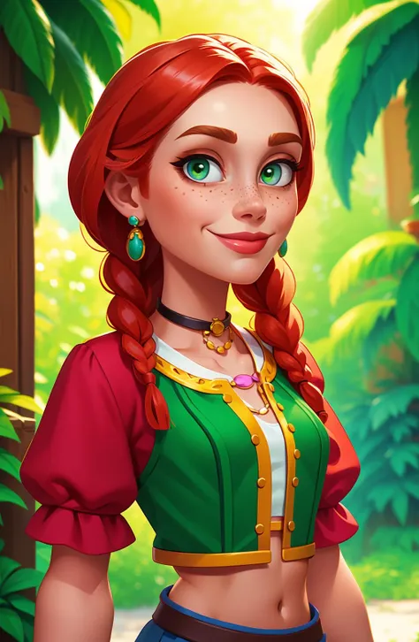 Concept art,character illustration,European and American cartoons,1girl,freckles,solo,jewelry,green eyes,braid,earrings,twin braids,necklace,looking at viewer,red hair,breasts,blurry,plant,short sleeves,blurry background,midriff,upper body,puffy sleeves,bracelet,smile,long hair,puffy short sleeves,choker,navel,crop top,<lora:haiwaixiuxian:0.8>,