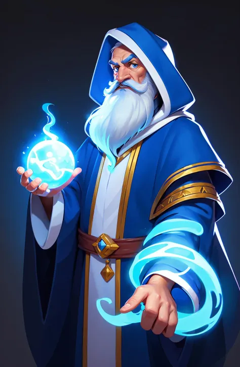 Concept art, character illustration, European and American cartoons, 1boy, male focus, facial hair, solo, beard, hood, blue background, white hair, blue eyes, robe, wide sleeves, wizard, hood up, looking at viewer, mustache, long sleeves, magic, old man, old, glowing<lora:haiwaixiuxian:0.8>,