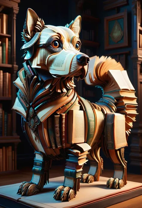 hyper detailed masterpiece, dynamic, awesome quality, DonMB00ksXL big luminous irregular whimsical asymmetrical organism, legless armless, plantigrade appendages, quadrifurcated-tailed, long-tailed, smooth skin, dog ears, , made of books <lora:DonMB00ksXL-000008:1>