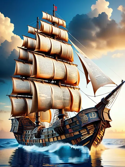 DonMB00ksXL, A legendary pirate ship sailing the high seas, its sails and hull constructed from ancient maritime tales and adventure stories, riding waves of words<lora:DonMB00ksXL:1>, <lora:EnvyBetterHiresFixXL01:0:hr=1>