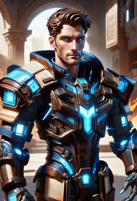 hyper detailed masterpiece, dynamic, awesome quality, DonMB00ksXL male data analyst, early twenties voluminous, greek, blue eyes, curled ears, wide jaw, receding forehead, sculpted quadriceps, , mahogany short crop hair, joy, plasma-infused flex, character flexes their arms, showcasing plasma-infused muscles and emitting a faint glow, wearing mech-suit leg armor, holo-silk pullover, stealth-enhanced camo boots, holo-visor, , striking a charismatic pose while entertaining with music or storytelling., ai data processing center, self-healing concrete, fire bowls,bollard lights, rim lighting, nanopunk, made of books <lora:DonMB00ksXL-000008:1>