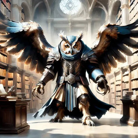 a cinematic action shot of a librarian cleric fighting a giant owl monster,DonMB00ksXL,surrounded by a library with empty bookshelves and a checkout desk in the background,Bosstyle,hkstyle,HD,masterpiece,best quality,hyper detailed,ultra detailed,super realistic,<lora:XL_boss_battle:0.5>,Bosstyle,<lora:Cold Oil Style SDXL_LoRA_Pony Diffusion V6 XL:0.8>,oil painting,traditional media,realistic,<lora:DonMB00ksXL:0.8>,DonMB00ksXL,