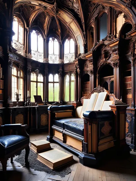 DonMB00ksXL, An eerie, abandoned mansion,filled with stygical decay, the walls and furniture crafted from the pages of haunting DonMB00ksXL gothic literature <lora:DonMB00ksXL:1>, <lora:EnvyBetterHiresFixXL01:0:hr=1>