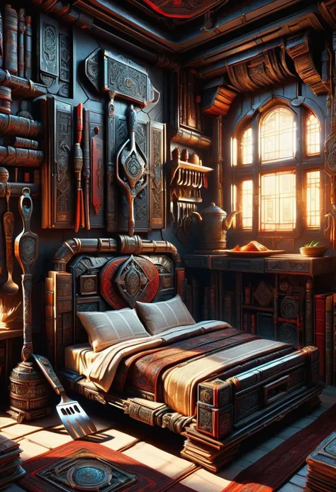 hyper detailed masterpiece, dynamic, awesome quality, DonMB00ksXL ai-driven threat analysis chamber, cooking utensils (spatula, ladle, etc.),bed,cutting board,bedsheets,pillows, carpet, sunlight through windows, cove lighting, cyberpunk, sci-fi, made of books <lora:DonMB00ksXL-000008:1>