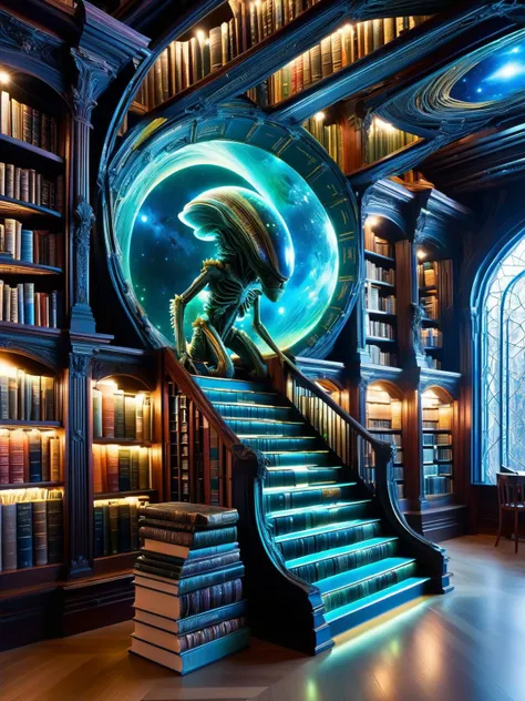 DonMB00ksXL, A library on a distant planet, its shelves filled with bioluminescent books that pulsate with alien knowledge. <lora:DonMB00ksXL:1>, <lora:EnvyBetterHiresFixXL01:0:hr=1>, biomimetic, books, fantasy, whimsical