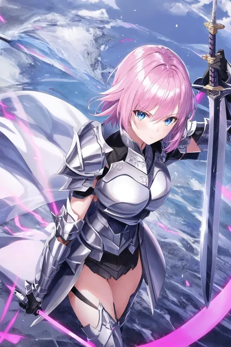 short_hair, 1girl, weapon, sword, silver armor, holding_sword, holding_weapon, blue_eyes, pink_hair, holding, solo, looking_at_viewer, very_long_hair, hair_between_eyes, shoulder_armor, bangs, breasts, floating_hair, upper_body,<lora:knight anime:0.8>,shiny,