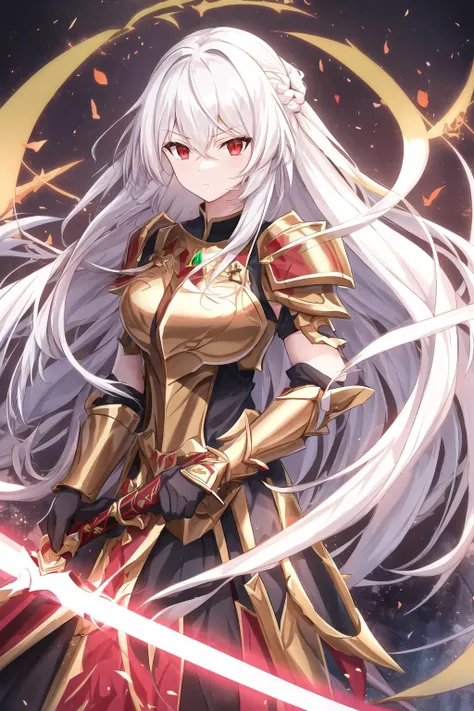 long_hair, 1girl, weapon, sword, full gold armor, holding_sword, holding_weapon, red_eyes, white_hair, holding, solo, looking_at_viewer, very_long_hair, hair_between_eyes, shoulder_armor, bangs, breasts, floating_hair, upper_body,<lora:knight anime:0.8>,shiny,