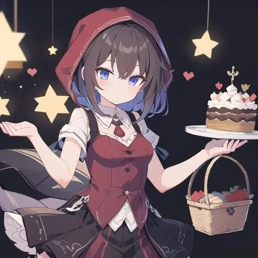 seele vollerei, <lora:seele13:0.6>little red riding hood costume, red cloak, basket, fairy tale-themed party,