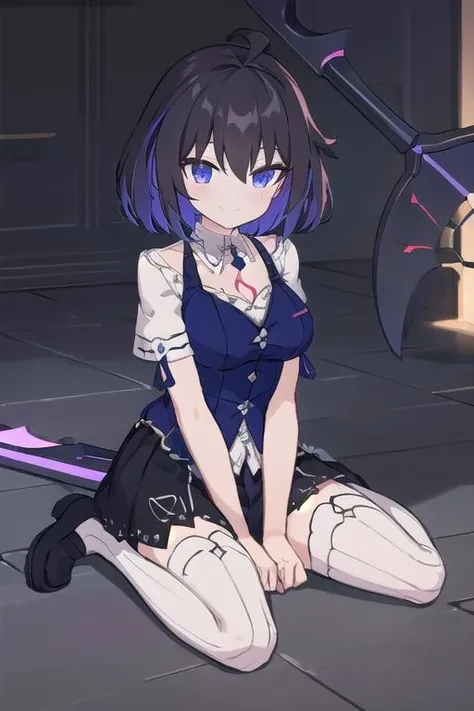 1girl, seele vollerei, azure memory, chest tattoo, smile, <lora:scythe:0.2> ((warscythe)), <lora:seele13:1>
