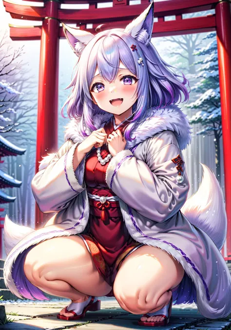 fingers quality is best, fox girl, scoptophilia, troilism, squatting,  fusion fox and girl, fur trim, white fur coat, white neck fur, japanese clothes miko,  slit_pupils, shortstack, wide hip, forced orgasm, cute fang, open mouth, white pearl iridescent hair, blush cheeks, heavy breathing, foggy sigh, seductive smile, in heat, blush cheeks, winter jinja shrine torii, absurdres, official illustration, dlsite eroge hcg, HDR, global illumination, <lora:test-flat:-0.8>,<lora:test-hairdetailer_01:0.8>, <lora:lcm-lora-sdxl:0.5>