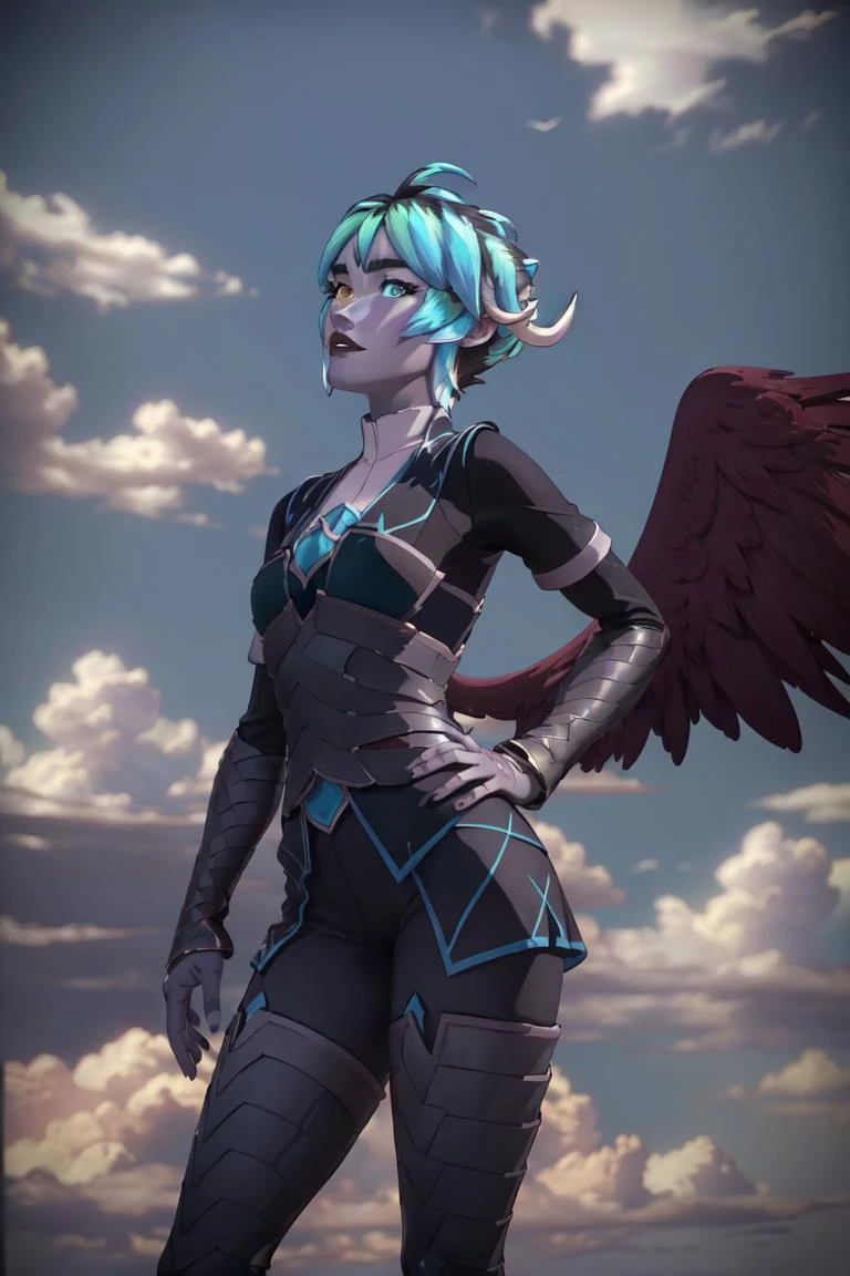 Nyx, (heterochromia, wings:1.2), horns, sky, clouds, flying, (standing in the clouds, in the sky, floating:1.5), (realistic:1.2), (masterpiece:1.2), (full-body-shot:1.2),(Cowboy-shot:1.2), dark romantic lighting, (highly detailed:1.2), (detailed face:1.2), (gradients), colorful, detailed eyes, (natural lighting:1.2), solo, <lora:add_detail:0.3> <lora:DragonPrince_Nyx-10:0.7> <lora:BeautifulEyes:0.3>