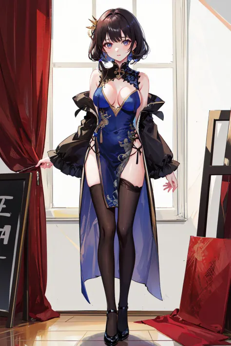 masterpiece, best quality, 1girl, solo, full body, standing, pantyhose, china dress, breast curtains, <lora:Breast Curtains:1>