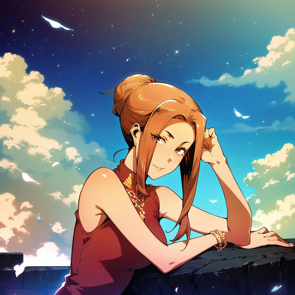 score_9, score_8_up, score_7_up, k10uk4,1girl,looking at viewer, hair bun, <lora:k10uk4-000040:1> <lora:MeMaXL_V3:0.7> outdoors, detailed, night, clouds