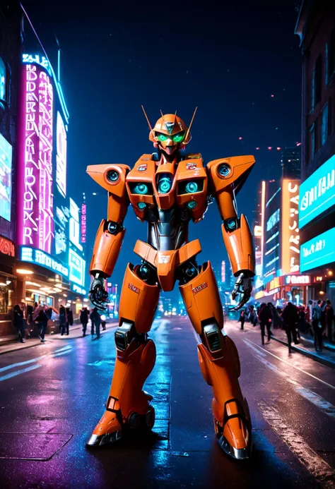 score_9, score_8_up, score_7_up, rating_safe, source_cartoon, super cool mecha robot, shiny, sleek, impressive, imposing, standing, looking at viewer, night, neon lights, city street, (raw, photo, realistic, photorealistic:1.1), detailed background