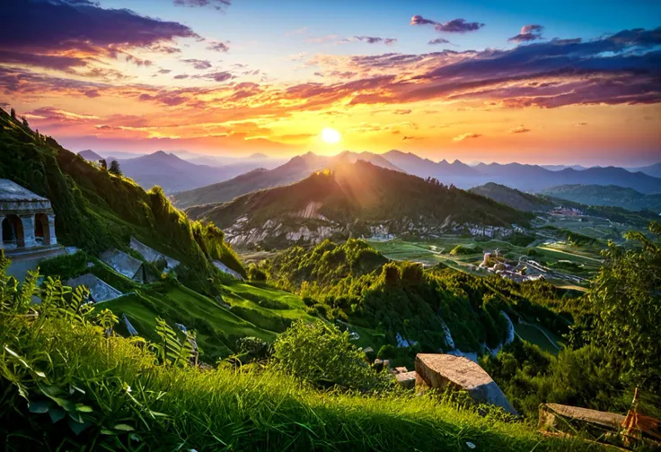 score_9, score_8_up, score_7_up, raw, photo, realistic, photorealistic, a beautiful view of a mountain in the early evening, sunset, landscape, scenery, lush greenery, view of distant ruins