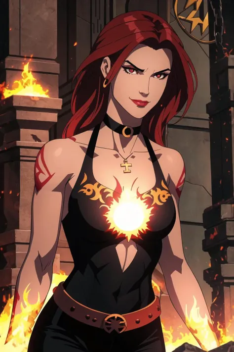 Artgerm, female focus, solo, upper body, 1girl, human, sorceress, (medium breasts:1.1), (muscular, abs, biceps:0.8), (tan skin:1.1), red hair, (tattoos:1.1), blood red eyes, eyeshadow, (scowling:0.8), half smile, ruby pendant, choker, jewelry, dark red criss-cross_halter, black pants, g-string, belt, (chain:0.9), indoors, (crystals:0.9), blood, ancient temple, sun symbol, (fire symbol:1.1), blood magic, stone altar, (runes:1.1), pillars, underground, detailed background, DnD,