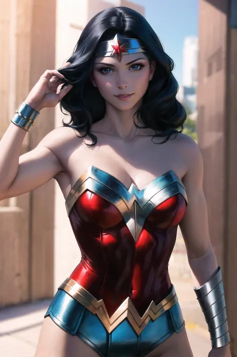 artgerm, 1girl, armpit crease, bare shoulders, bird, black hair, blue eyes, blurry, blurry background, bracelet, breasts, circlet, cleavage, collarbone, dove, jewelry, light smile, lips, long hair, looking at viewer, mature female, parted lips, realistic, solo, strapless, diana prince, wonder woman <lora:stanley_lau_artgerm:1>