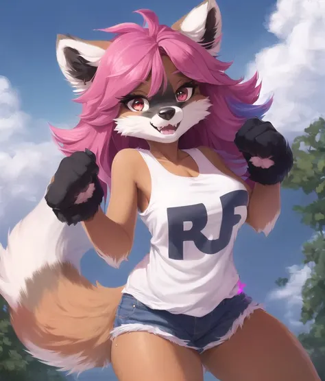 (fluffy anthro furry:1.4), furry raccoon girl, digitigrade, (paws), claws, full body furry portrait, (fluffy body:1.3), medium breasts, (chest tuft), fluffy anthro body, shorts, (pink [tanktop:tshirt:6]), solo, blue and pink multicolored hair, (multicolored eyes:1.3), raccoon ears, grinning, fangs, dark grey fur, white stripes, pentagram, outlined (thick white outline), tail up, hands in fists, SFW,