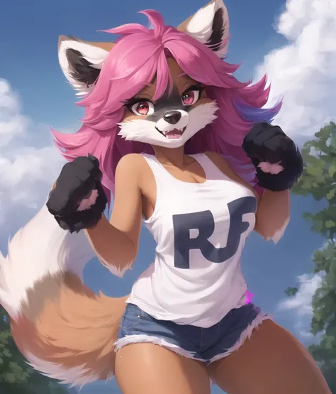 (fluffy anthro furry:1.4), furry raccoon girl, digitigrade, (paws), claws, full body furry portrait, (fluffy body:1.3), medium breasts, (chest tuft), fluffy anthro body, shorts, (pink [tanktop:tshirt:6]), solo, blue and pink multicolored hair, (multicolored eyes:1.3), raccoon ears, grinning, fangs, dark grey fur, white stripes, pentagram, outlined (thick white outline), tail up, hands in fists, SFW,