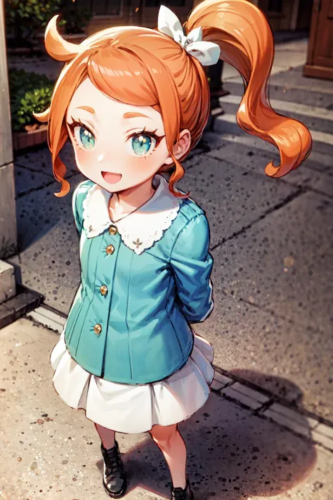 masterpiece,best quality,1girl,(solo),(chibi),sonia \(pokemon\),SoniaYoung,aqua eyes,side ponytail,orange hair,heart hair ornaments,long sleeves,dress,green dress,jacket,buttons,open clothes,bow,hair bow,black bow,boots,brown footwear,smile,arms behind back,looking at viewer,blue sky,town,from above,<lora:Concept-control tool-add_detail-CyberAIchemist:0.8>,<lora:SoniaYoung:0.7>,