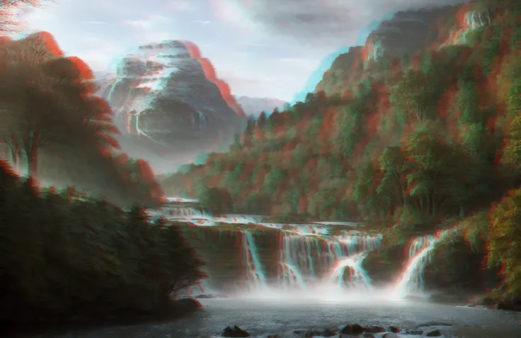 award winning photo of a beautiful landscape with mountains, looking out from the edge of a forest, tree overhang, trees in foreground, waterfall, magnificent, luxury, detailed, sharp focus, low angle, high detail, volumetric, illustration, cold lighting, by jordan grimmer and greg rutkowski, trending on artstation, Style-Swiss