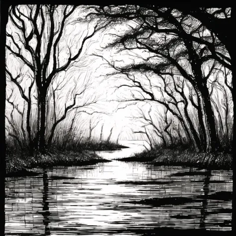 horror woods and the lake, junji ito manga, tim burton movie, ink lineart  <lyco:t5darkfairytales:0.8>