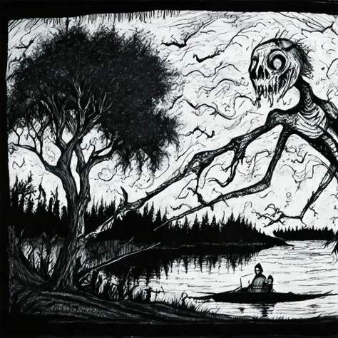horror woods and the lake, junji ito manga, tim burton , ink lineart <lyco:darkfairytales:1.0>