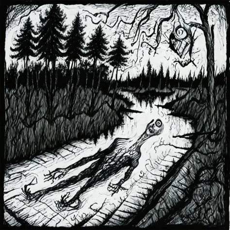 horror woods and the lake, junji ito manga, tim burton , ink lineart <lyco:darkfairytales:1.0>