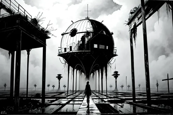 masterpiece, best quality, ink lineart, Junji Ito manga, a derelict space observatory floating on a small mass of land in space at the edge of observable universe, <lyco:darkfairytales:0.8>