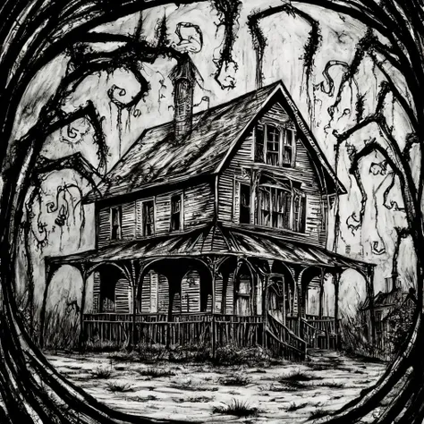 abandoned house and spiderwebs , junji ito manga, tim burton movie, ink lineart <lyco:t5darkfairytales:1.0>