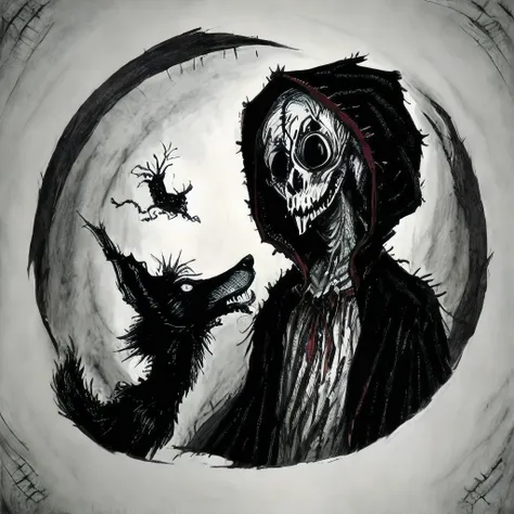 red riding hood and wolf, tim burton , ink lineart <lyco:darkfairytales:1>