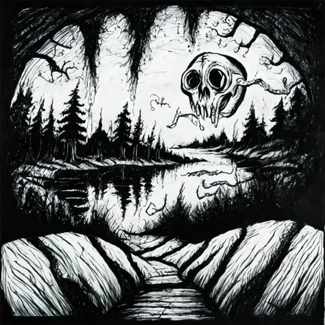 horror woods and the lake, junji ito manga, tim burton , ink lineart <lyco:darkfairytales:1.0>