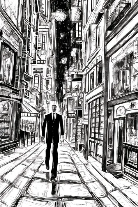 ink lineart, monochrome,  a man walking in the middle of a cityscape,    <lora:t5darkfairytales:0.8>