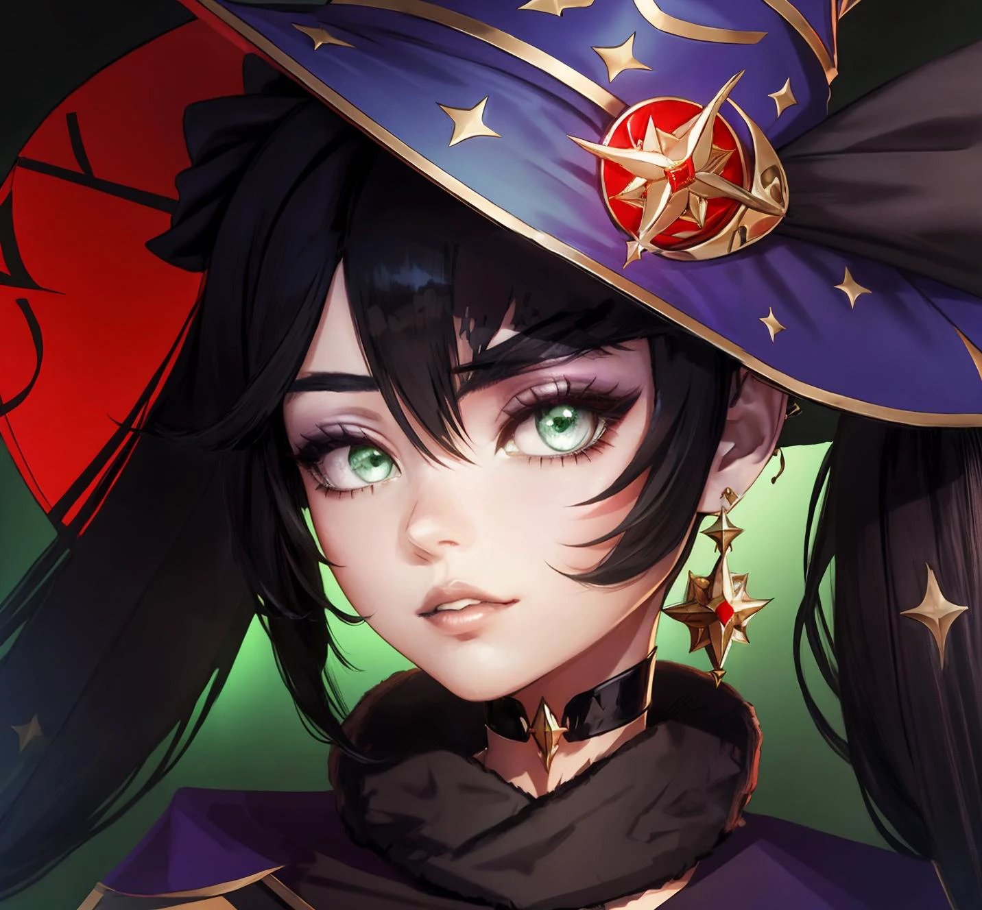 solo, earrings, black hair, choker, 1girl, jewelry, looking at viewer, green eyes, mona \(genshin impact\), witch hat, black background, head tilt, cape, twintails, shaft look, hair between eyes, hat, sidelocks, parted lips, long hair <lora:Monav3:0.8> Mona,
